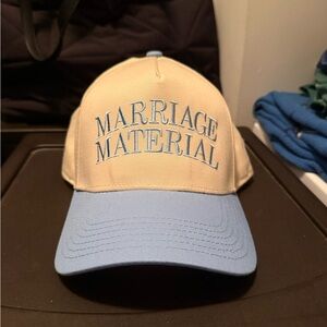 Beige and Blue Cap with 'Marriage Material' Embroidery
